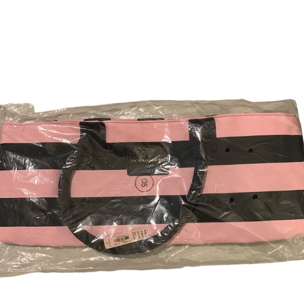 Victoria’s Secret Pink Black Stripe Canvas Adorable Tote Beach Weekender BNWT - Picture 7 of 7